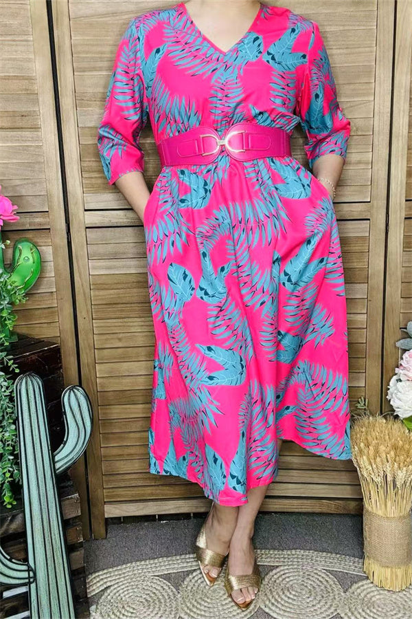GJQ15990 Mint leaves printed the fuchsia women dress short sleeve w/side pockets &elastic waist band