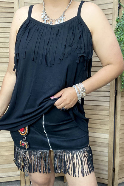 BQ13619 Black solid w/tassel&fringe with adjustable band women tank tops