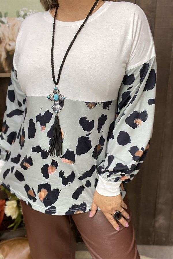 GJQ14288 Leopard multi color printed with white block color long sleeve tighten cuff women blouse