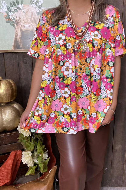 GJQ15678 Floral printed short rolled sleeve baby doll women top