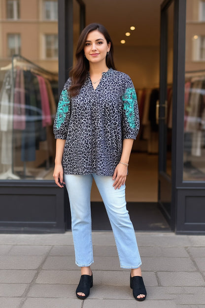 Southern Stitch turquoise embroidery leopard baby doll women top XCH16807