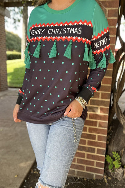 BQ15768 White"MERRY CHRISTMAS"words printed green dot green block solid color long sleeve women tops w/green tassels