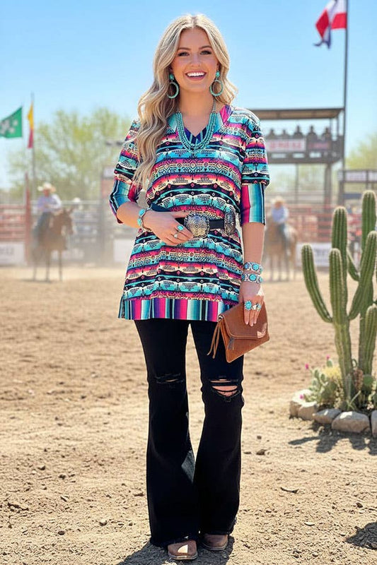 GJQ12242 Multi color Aztec & serape printed tunic top