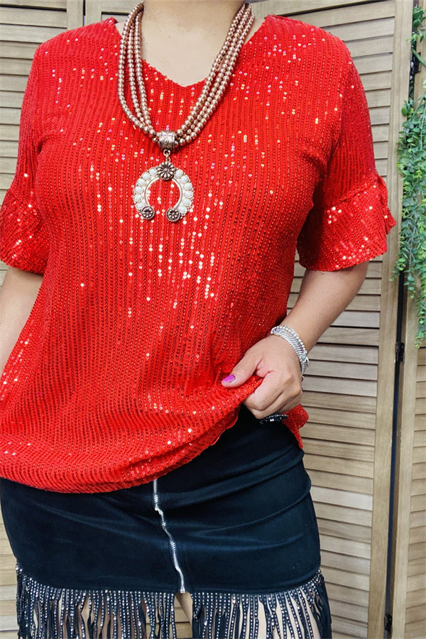 XCH15277 Red sequin w/ruffle short sleeve for women tops