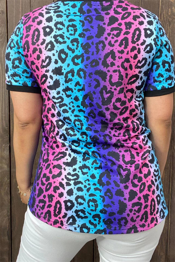 XCH13734 Leopard & rose prints with short sleeve women tops