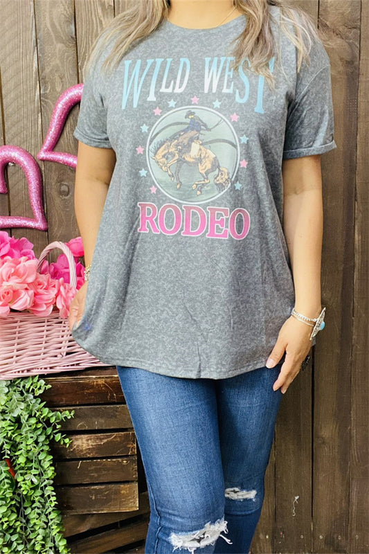 XCH14272 "WILD WEST RODEO"Western short sleeve grey women tops( CS10)