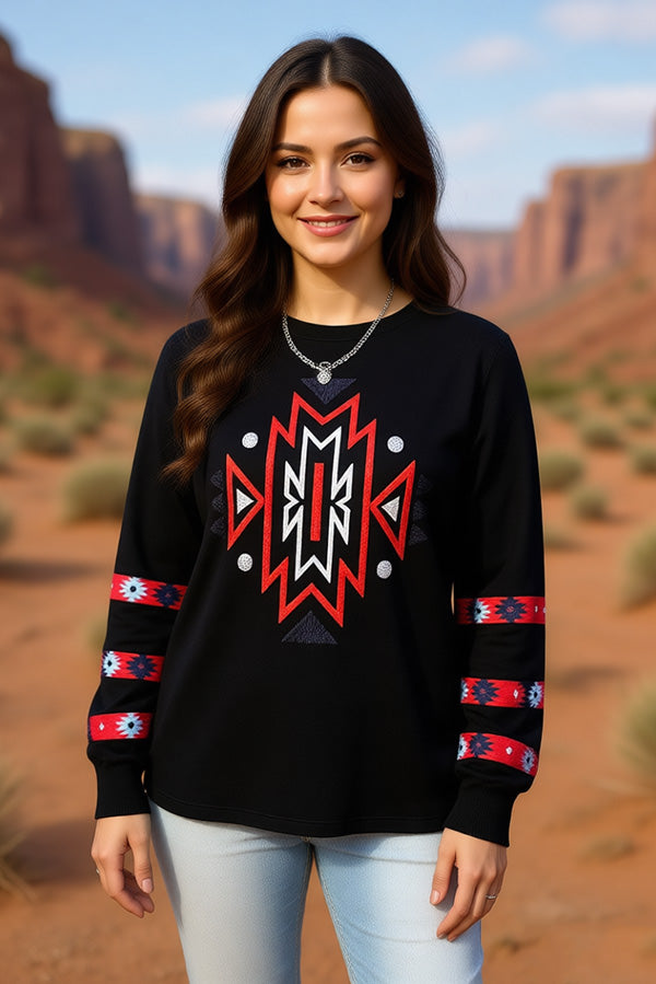 Southern Stitch western aztec embroidery black long sleeve women top XCH16631