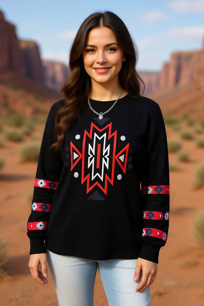 Southern Stitch western aztec embroidery black long sleeve women top XCH16631