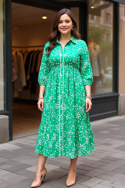 Spring floral green 3/4 sleeve maxi women dress w/buttons GJQ16691