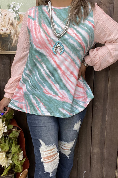 BQ14103 Tie-dye printed w/light pink solid color long sleeve women tops