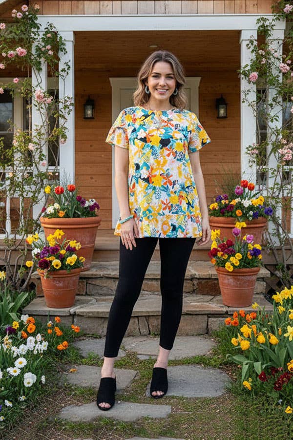 Women's t-shirt suppliers Floral printed w/ruffle sleeve & bottom HX5620
