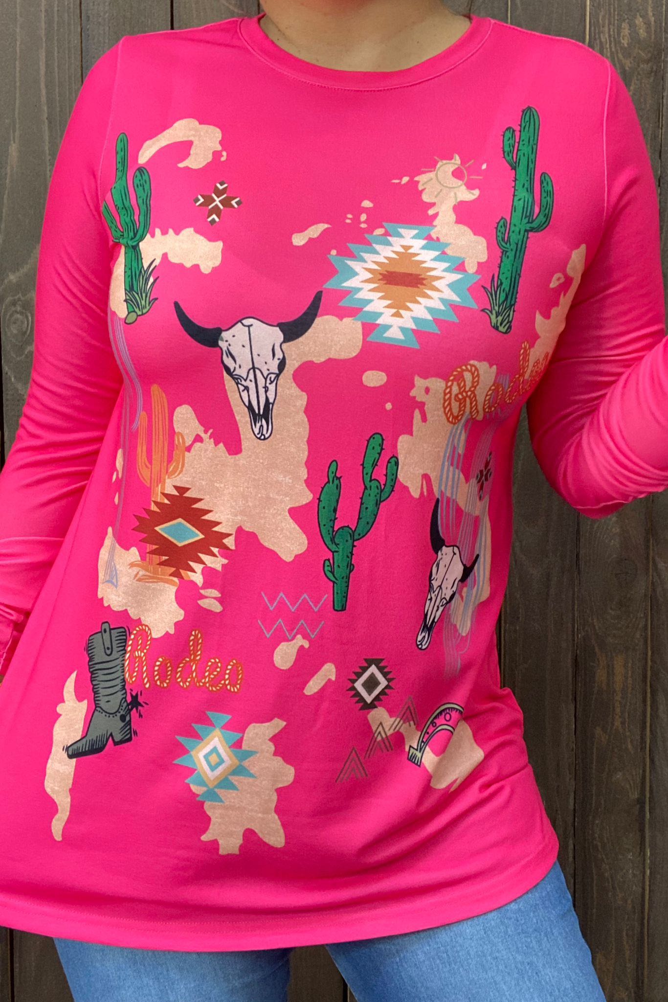 Cactus&boots multi color printed fuchsia fabric long sleeves women tops XCH14126