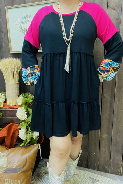 Fuchsia & Black & Western printed raglan long sleeve women dress BQ13811