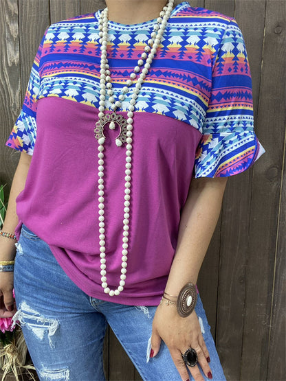 BQ9829 Aztec block purple multi color printed ruffle short sleeves women tops