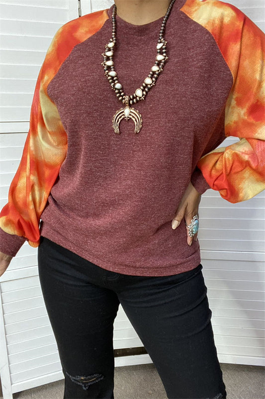 SP7924 W/orange tie dye bubble long sleeves burgundy body color knitted women top