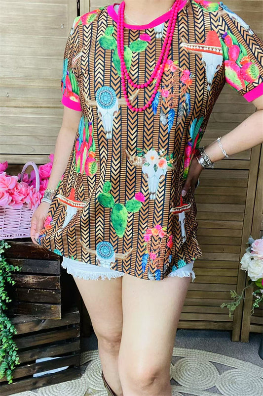 BQ12529 Bull skull cactus printed short sleeve top