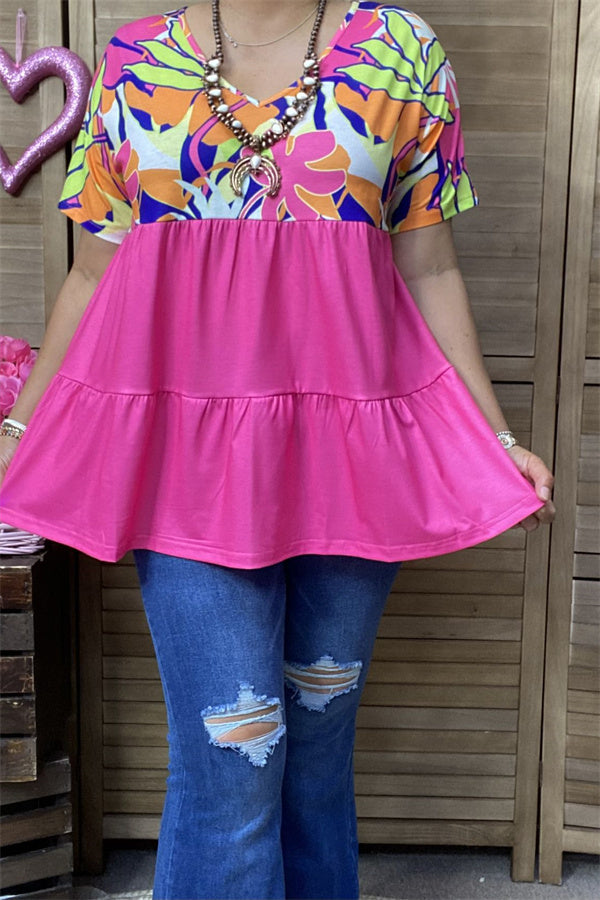 XCH15855 Ginger multi color plants printed block solid fuchsia bottom short sleeve baby-doll women tops