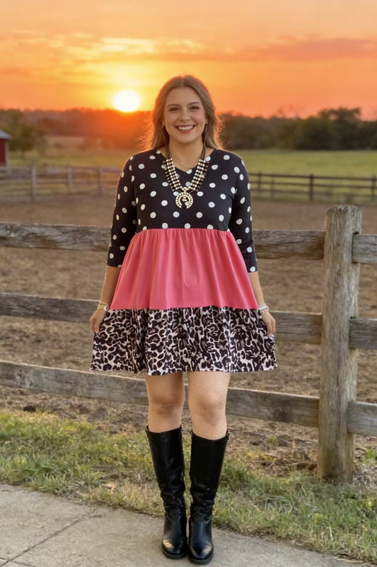 BQ15586 White dot&leopard printed block coral color 3/4 sleeve women dresses