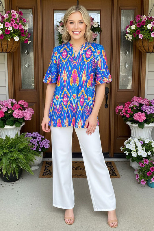 Southern Stitch Blue Tribal v-neck ruffle sleeve women top GJQ15883