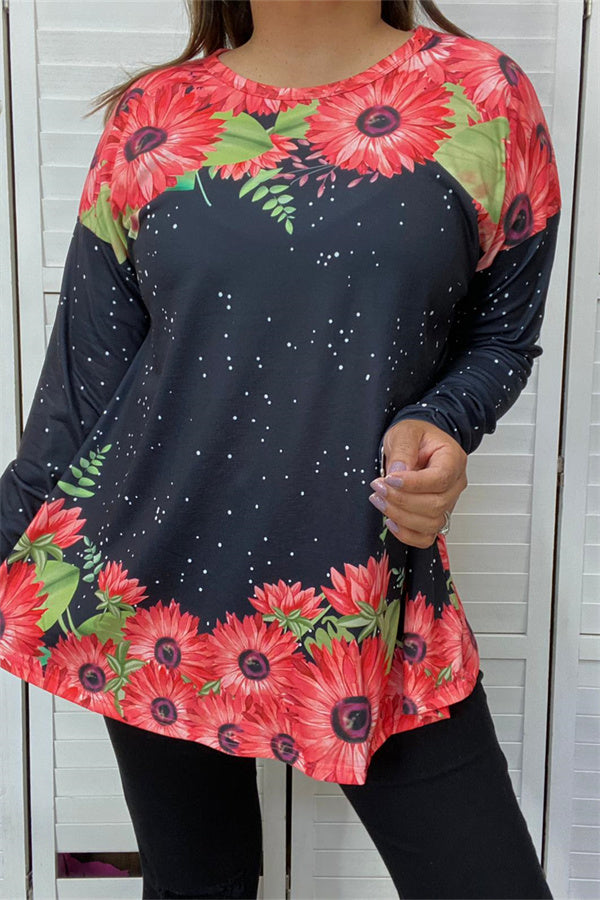 XCH13659 BLACK & RED SUNFLOWER PRINT LONG SLEEVE TOP