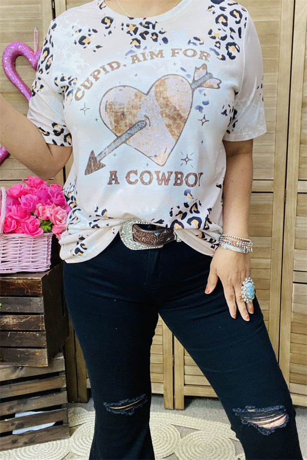 XCH14648 A COWBOY heart & arrow leopard printed short sleeve top