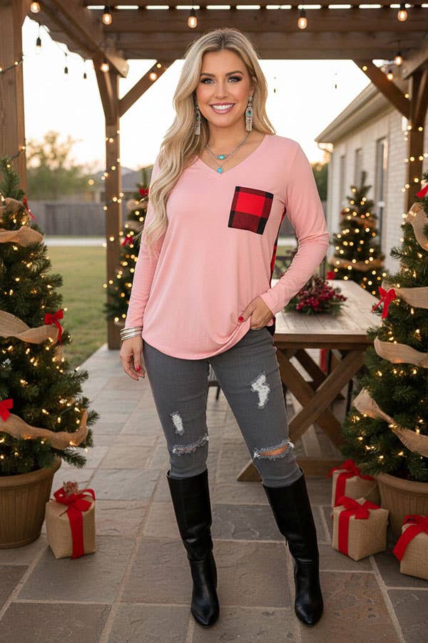 Western pink & plaid long sleeve women's boutique top BQ8142