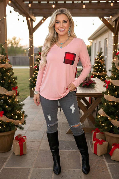 Western pink & plaid long sleeve women's boutique top BQ8142