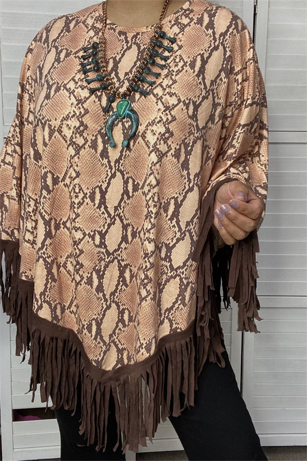 XCH13890 Snake poncho with brown fringe/tassel for women