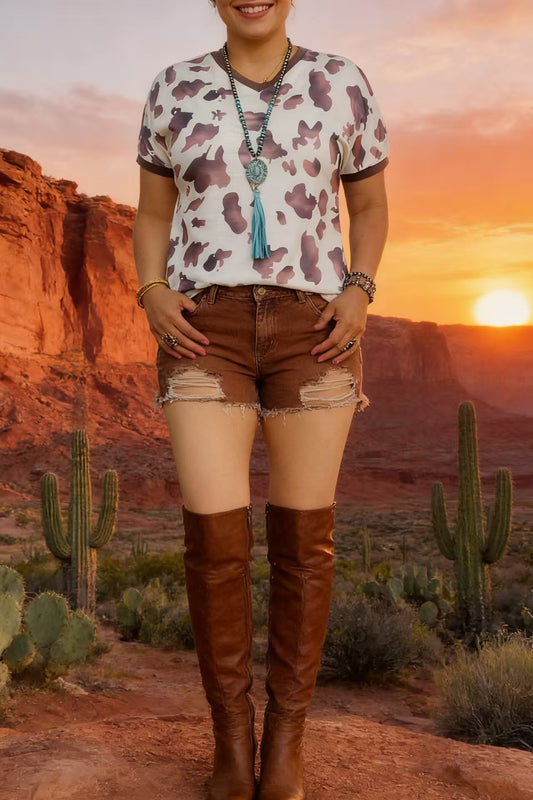 BQ11480 White cow spotted v-neck short sleeve women tops