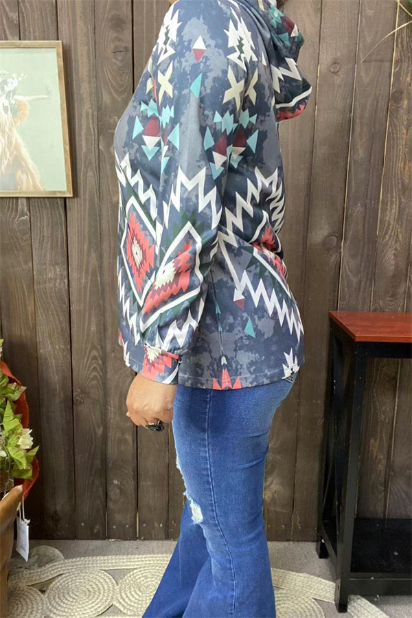 XCH15690 Aztec multi color printed women hoodie/tops w/string&front pockets long sleeve