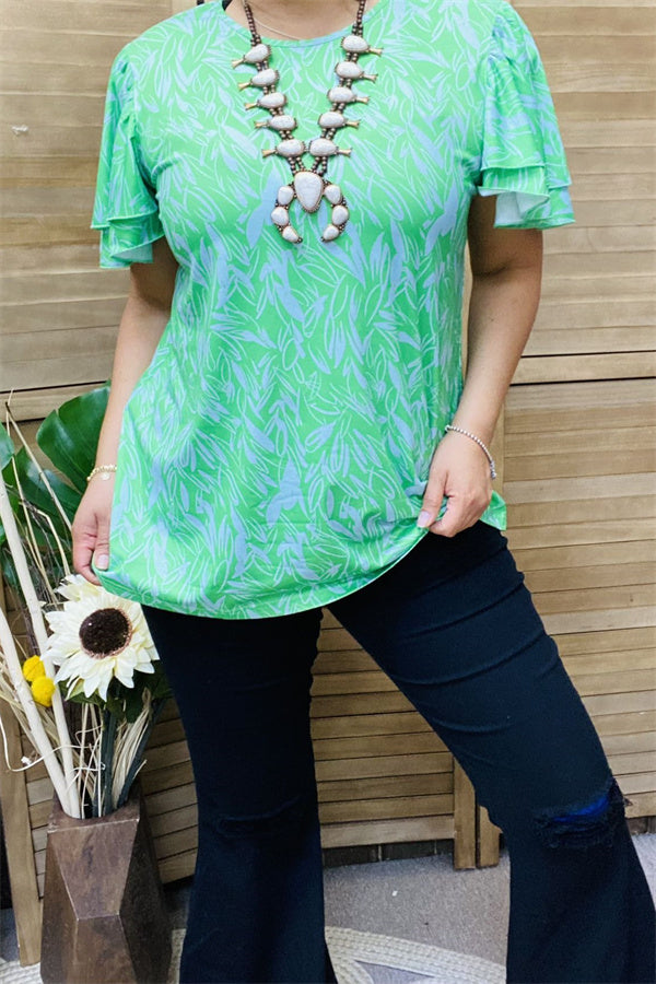 GJQ15836 White leaves printed double ruffle short sleeve green women tops