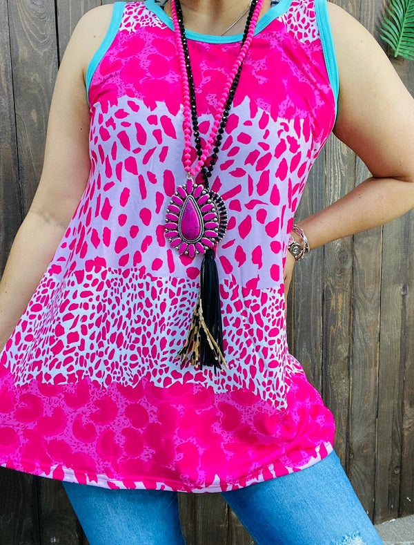 Fuchsia leopard printed turquoise v-neckline&armhole line tank top for women XCH14851