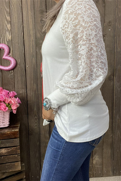 BQ14110-1 White women top w/lace tighten cuff  long sleeves w/v-neckline