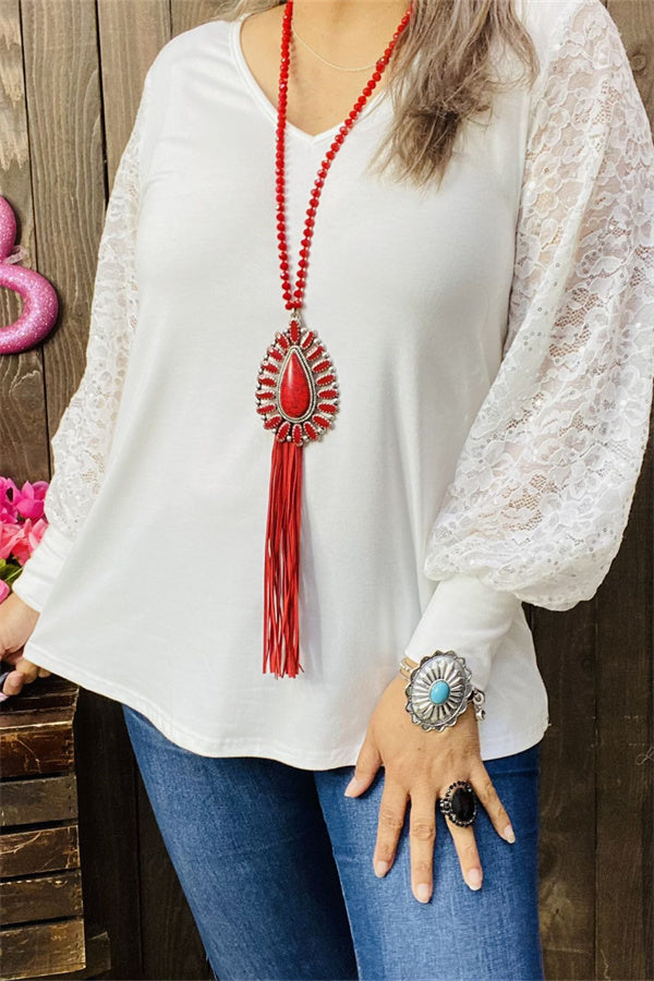 BQ14110-1 White women top w/lace tighten cuff  long sleeves w/v-neckline