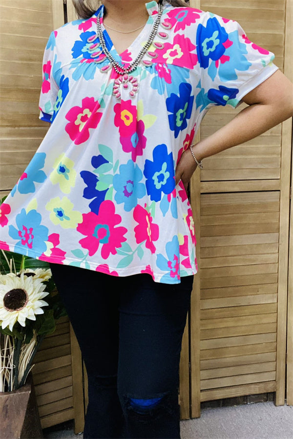 XCH15792 Blue/pink multi color printed sunflower short sleeve women tops w/v-neckline