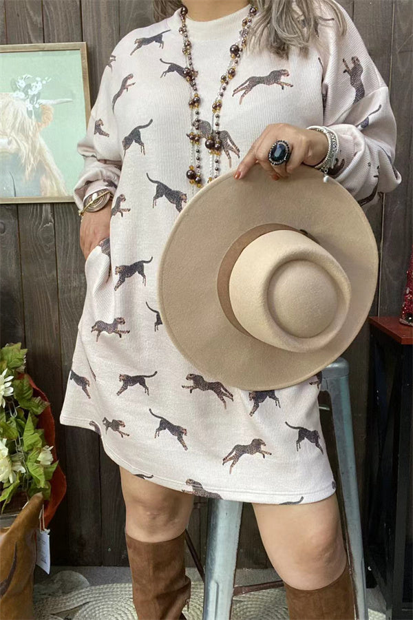 Cheetah printed knitted sweater long sleeve women dress w/side pockets GJQ15670