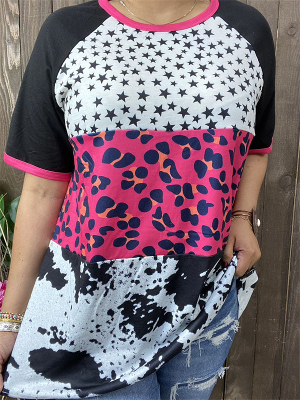 XCH14275 Star&Leopard block black multi color printed short sleeves women tops