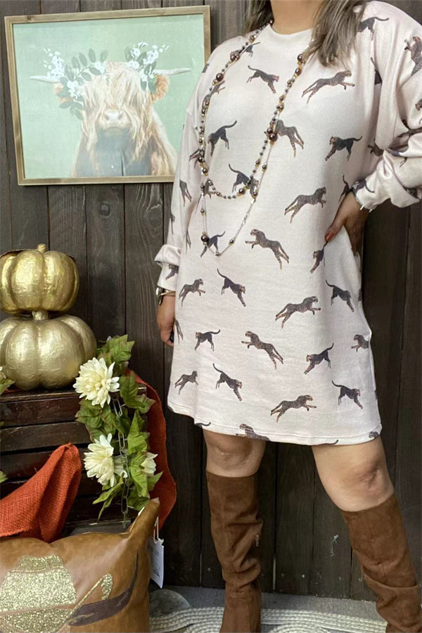 Cheetah printed knitted sweater long sleeve women dress w/side pockets GJQ15670