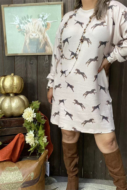 Cheetah printed knitted sweater long sleeve women dress w/side pockets GJQ15670