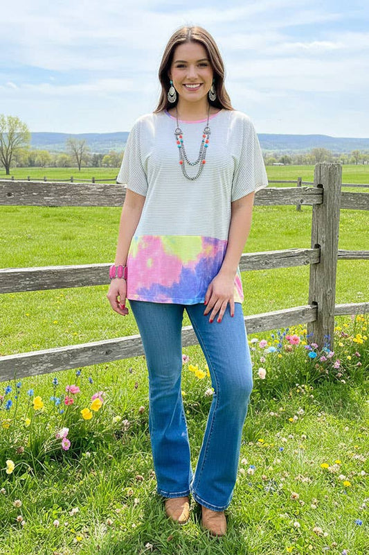 BQ10881 Striped/multi color tie dye short sleeve blouse