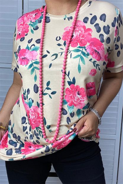 GJQ14377 Pink Floral leopard printed beige fabric short sleeve women tops