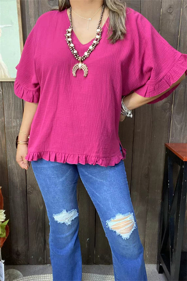 GJQ15661 Plum Bell w/ruffle short sleeve &loose women blouse