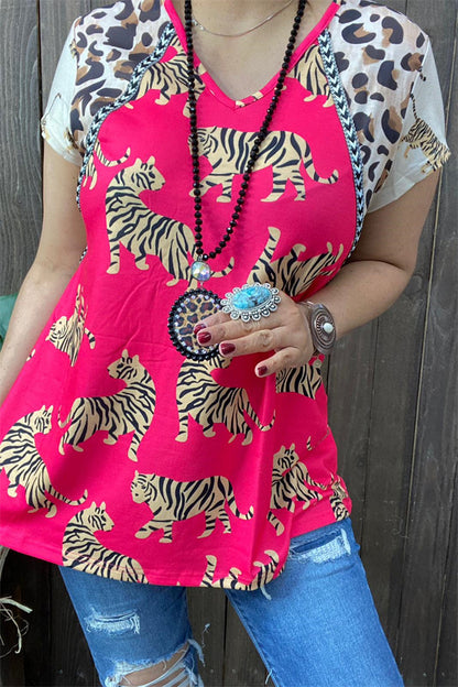 XCH14340 Tiger&Leopard webbing V-neck fuchsia multi color printed short sleeves women tops