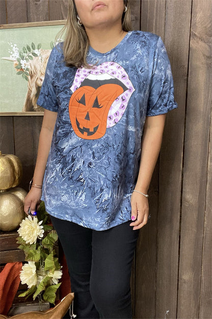 DLH10080 Spooky tongue&mouth tie-dye blue short sleeve women tops IS5