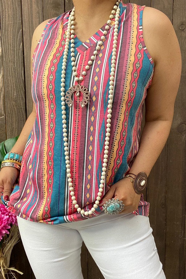 BQ14013 Aztec&Striped multi color printed sleeveless women tops