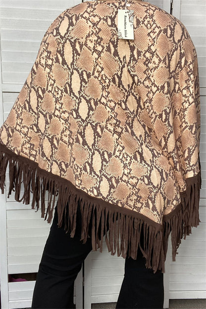 XCH13890 Snake poncho with brown fringe/tassel for women