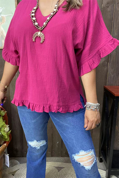 GJQ15661 Plum Bell w/ruffle short sleeve &loose women blouse