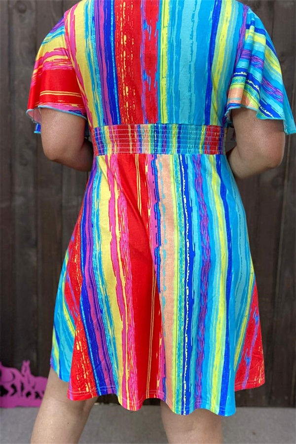 XCH15181 Multi color striped women dress w/bell short sleeves wholesale elastic waist band