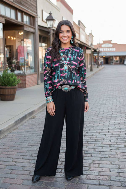 Western cactus & cowboy & pink flower long sleeve women top XCH16915