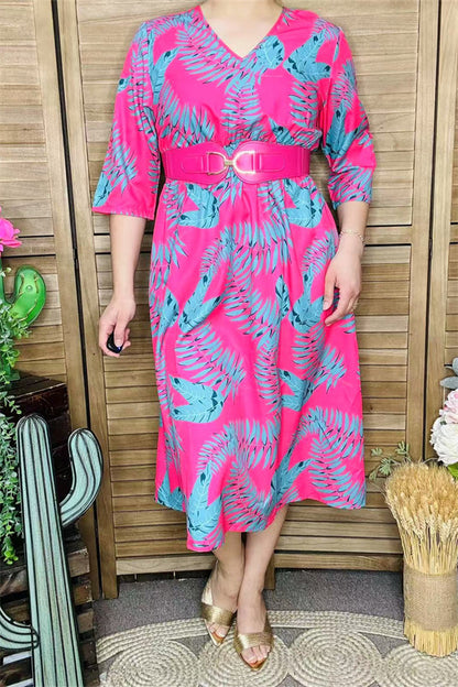 GJQ15990 Mint leaves printed the fuchsia women dress short sleeve w/side pockets &elastic waist band